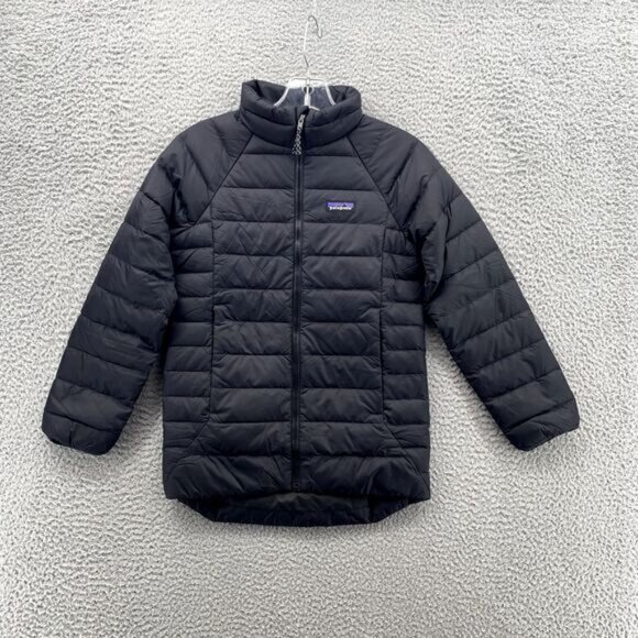 Patagonia Puff Down Jacket Kids Medium (10) Black Drop-Tail Sweater Slim Outdoor - Picture 3 of 14